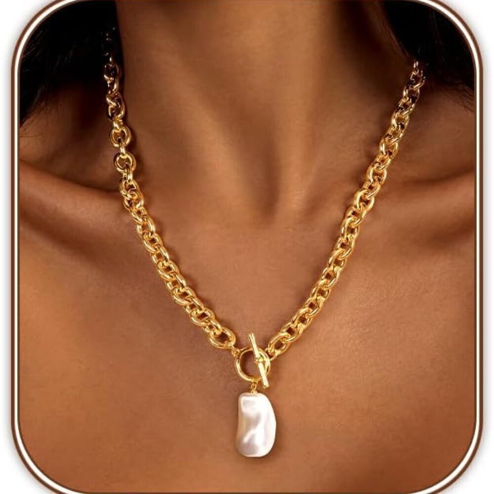 Chunky Chain Necklace Gold Silver Plated Baroque Pearl Pendant Jewelry Womens